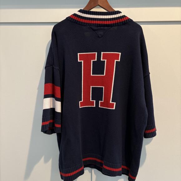 Tommy Hilfiger Denim Sweater Mens XXL Navy V Neck Varsity Collegiate H Logo - Picture 1 of 11